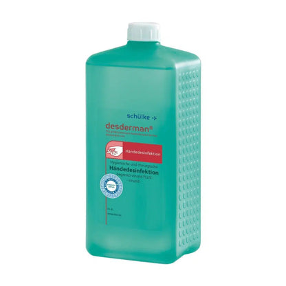 A bottle of Schülke desderman® hand disinfectant (without dye/fragrance), virucidal, by Schülke & Mayr GmbH in a blue-green 1-liter container with labels in German, certification seals, and a white cap.