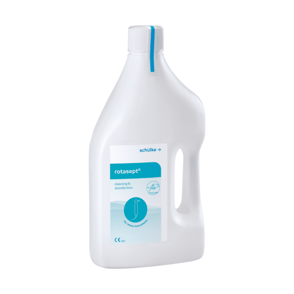 In a white plastic bottle with a handle is the Rotasept® disinfectant cleaner ready-to-use solution (2 l) from Schülke & Mayr GmbH. In addition to product details, the label also shows images of rotating instruments, indicating its use for instrument disinfection.