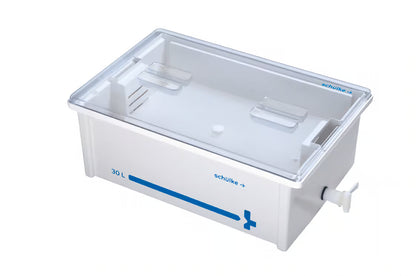The Schülke Tub System 3 Liters from Schülke & Mayr GmbH is a rectangular white plastic container with a transparent lid, blue 3L marking, white spout, and "schülke" branding - ideal for instrument preparation.