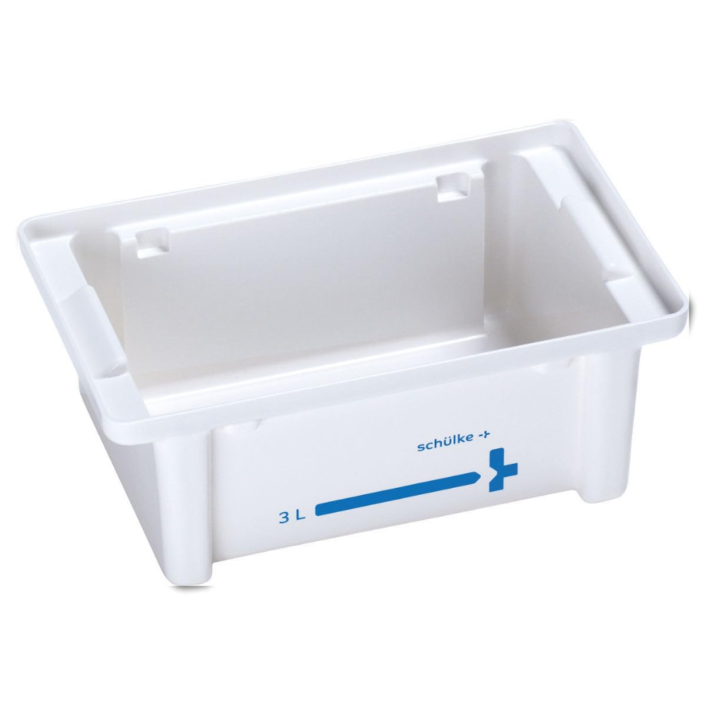 The Schülke Tub System 3 Liters from Schülke & Mayr GmbH is a rectangular white plastic container with handles on the shorter sides, designed for medical and laboratory applications. It features a blue scale on one side indicating a capacity of 3 liters, and next to it is printed "schülke +". This makes it ideal for instrument preparation in the Schülke Tub System.