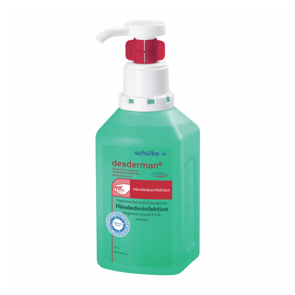 A bottle of Schülke desderman® hand disinfectant with pump dispenser. The predominantly green and white label contains German text indicating its use for virucidal hygiene.