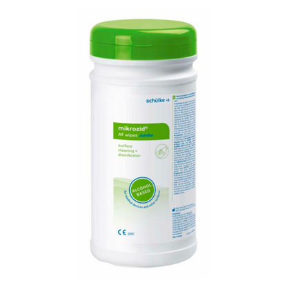 A container of Schülke mikrozid® AF wipes disinfectant wipes from Schülke & Mayr GmbH for surface cleaning and disinfection. The white bottle has a green cap and the label contains instructions for use and a CE mark.