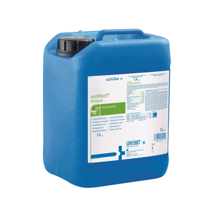 A 5-liter canister made of blue plastic with Schülke antifect® N Liquid Surface Disinfection, a product of Schülke & Mayr GmbH, featuring labels and official markings, including CE marking and UN.
