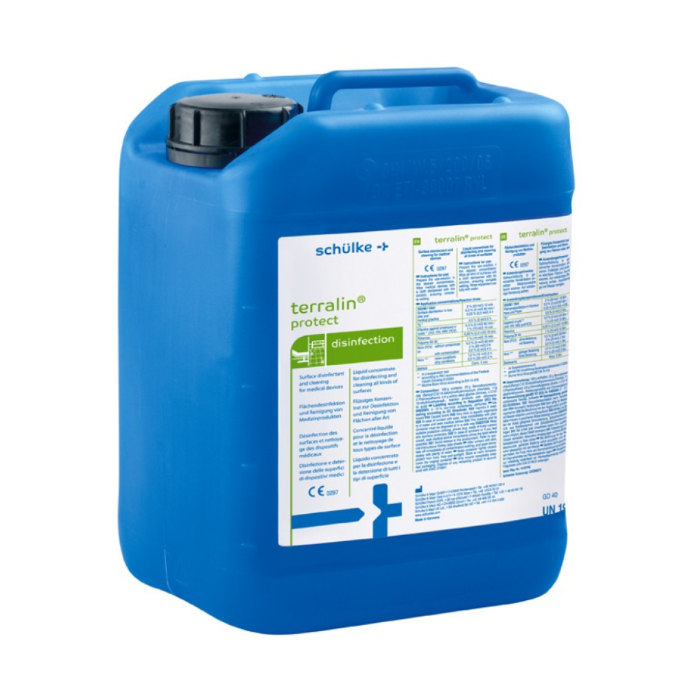 Blue plastic canister labeled “Schülke terralin® protect concentrate for disinfection and cleaning” by Schülke & Mayr GmbH with text and symbols indicating its use for surface disinfection. Details and application instructions are visible on the label.