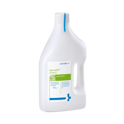 A white plastic bottle with Schülke terralin® protect concentrate for disinfection and cleaning by Schülke & Mayr GmbH, with a blue cap and label, isolated on a white background.