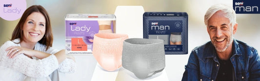 Werbeanzeige für Seni Inkontinenzprodukte: Links eine lächelnde Frau neben einer Packung „Seni Lady Pants“ und einer peachfarbenen Pants-Einlage, rechts ein lächelnder Mann neben einer Packung „Seni Man Pants“ und einer grauen Pants-Einlage. Heller Hintergrund mit weißem Mittelstreifen, Logos „seni Lady“ und „seni man“ oben in den Ecken.