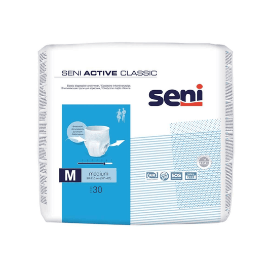 Eine Packung Seni Active Classic Inkontinenzpants der TZMO Deutschland GmbH mit Produktdetails und Symbolen für Luftzirkulation und Elastizität. Die Verpackung ist weiß und blau und enthält 30 Windeln.