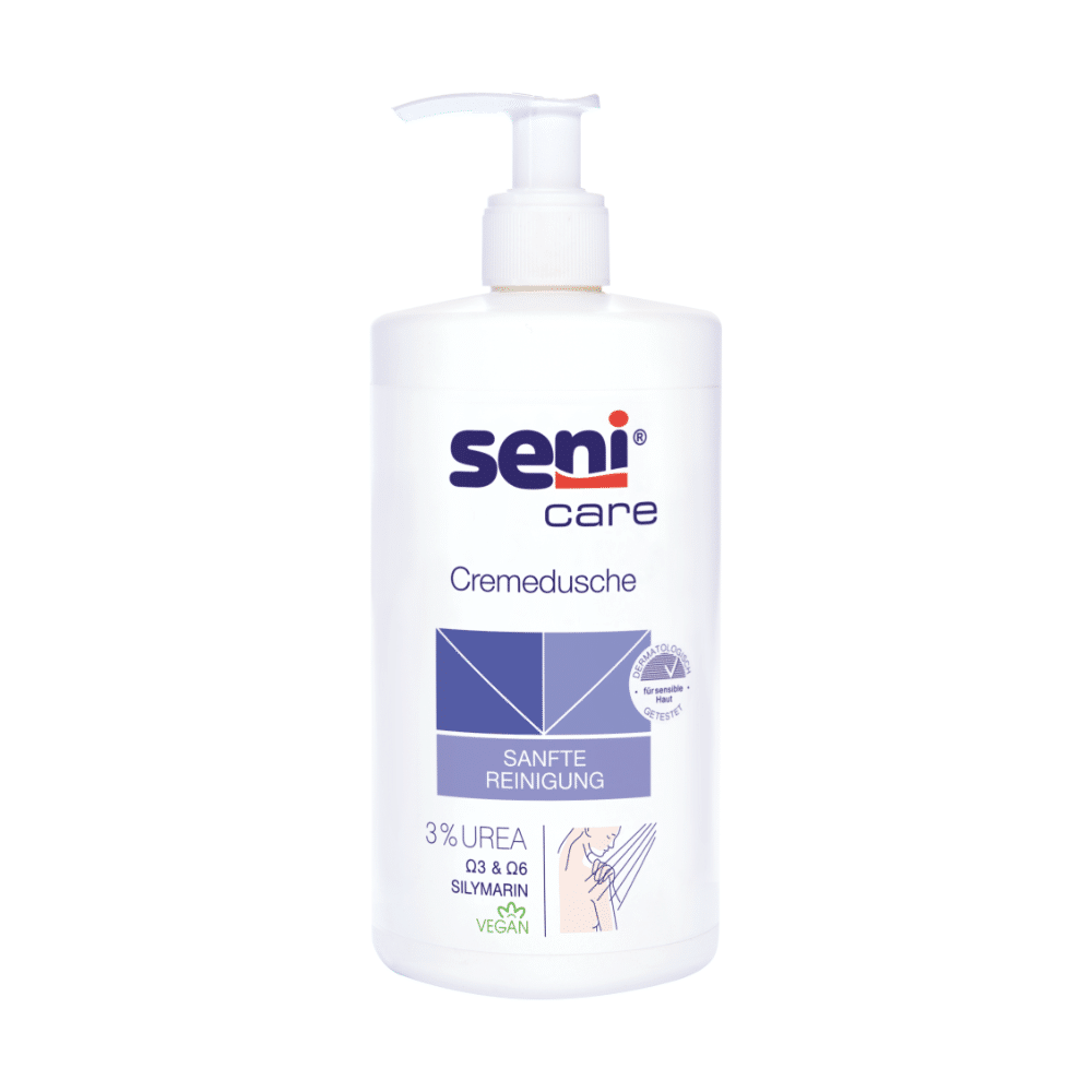 The Seni Care cream shower by TZMO Deutschland GmbH, 500 ml, contains 3% urea, silymarin, and a vegan formula. The white bottle has a pump dispenser and features the blue graphic "GENTLE CLEANSING", ideal for dry skin.