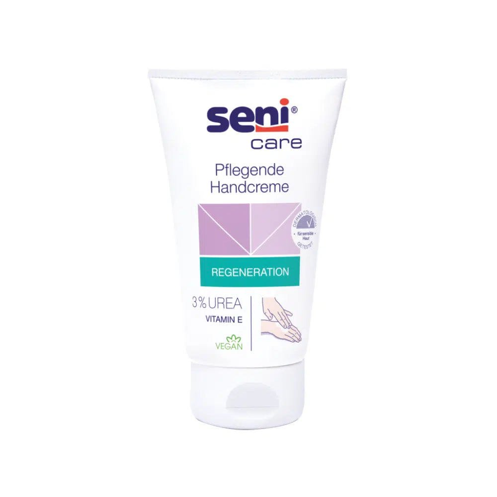 The image shows a tube of the nourishing hand cream Seni Care by TZMO Deutschland GmbH against a white background. The label highlights the attributes "Regeneration" and "Vegan" and emphasizes the 3% urea formula with Vitamin E for a moisturizing effect.