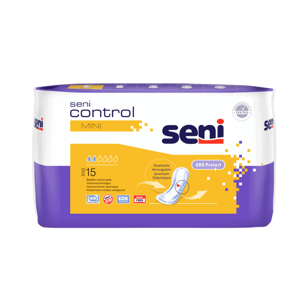 The Seni Control Mini incontinence pad | Pack (15 pieces) from TZMO Deutschland GmbH features a yellow-white design with information, symbols, and a diagram on the front and offers comfort and discretion.