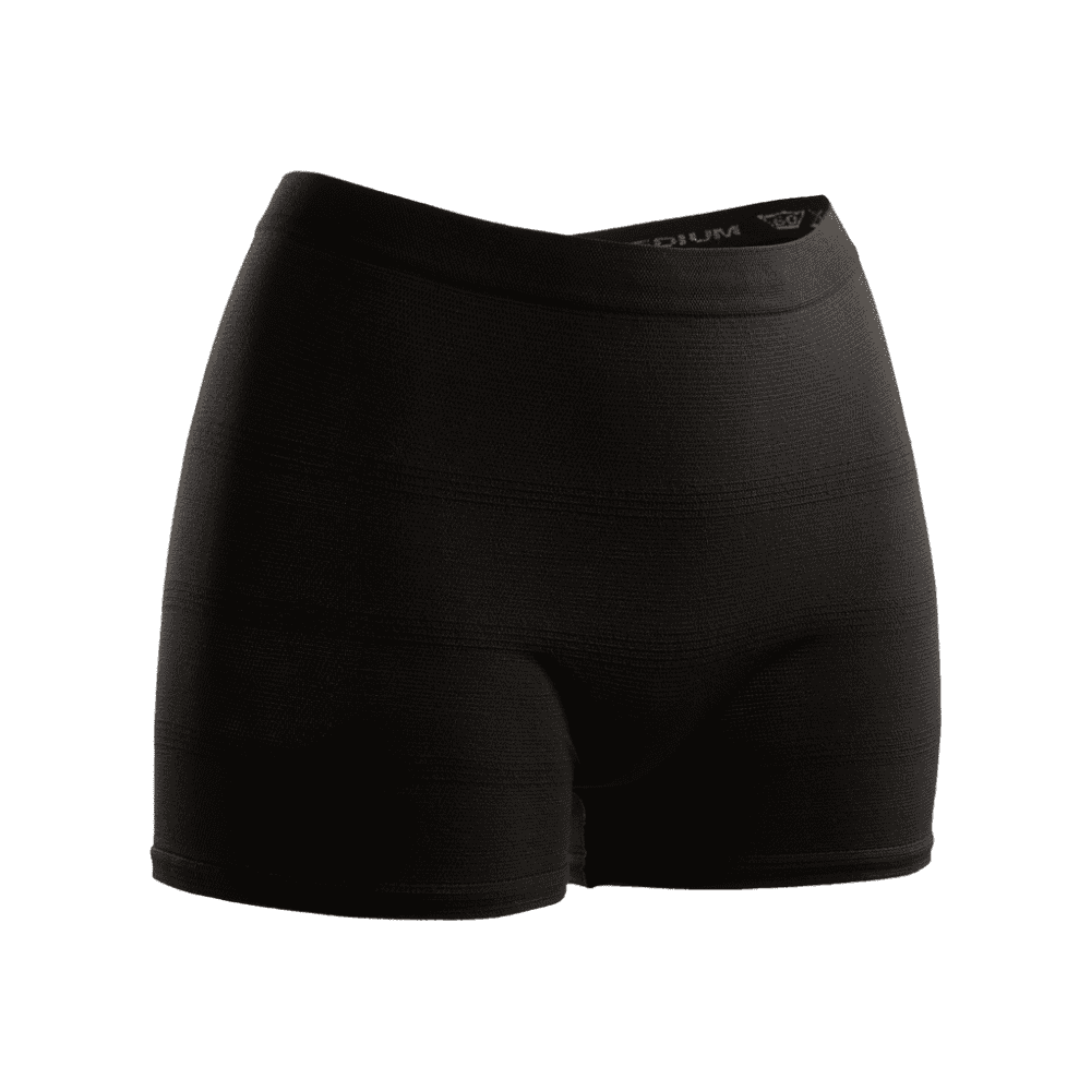Seni Fix Comfort Lady black compression shorts on a white background, with a tight fit and elastic waistband, designed for sporty use. The logo of TZMO Deutschland GmbH is visible at the waist. Ideal as fixing pants for secure wearing