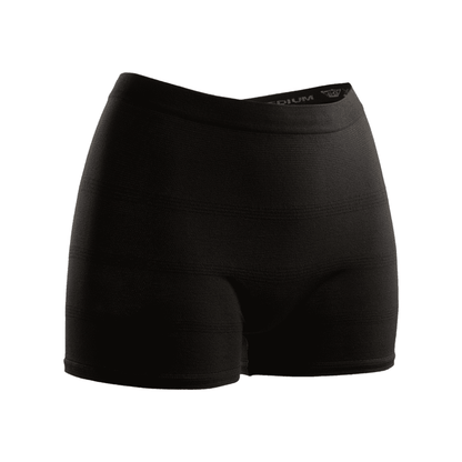 Seni Fix Comfort Lady black compression shorts on a white background, with a tight fit and elastic waistband, designed for sporty use. The logo of TZMO Deutschland GmbH is visible at the waist. Ideal as fixing pants for secure wearing