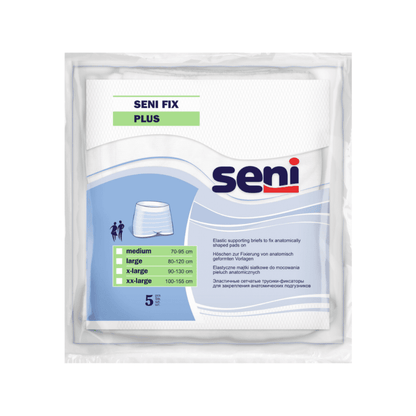 A pack of the elastic fixation pants Seni Fix Comfort by TZMO Deutschland GmbH in sizes Medium to Extra-Large with a size chart and product details. The packaging is white with blue and green accents.