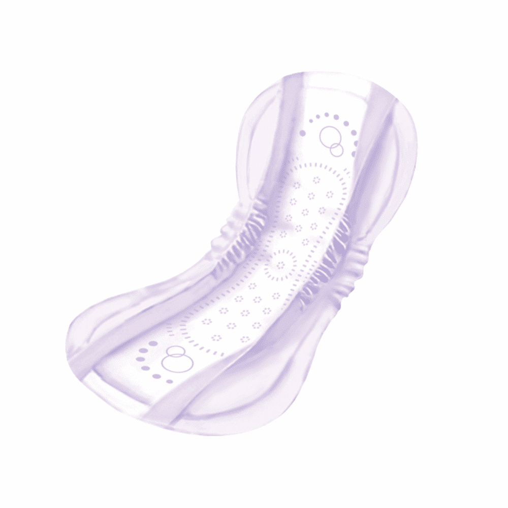 A Seni Lady Slim Extra incontinence pad by TZMO Deutschland GmbH, with decorative pattern, rounded edges, and elastic sides for optimal wearing comfort, individually shown from above on a white background. Package: 15 pieces.