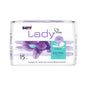Seni Lady Slim Extra incontinence pad by TZMO Deutschland GmbH: Pack of 15 pieces, purple-floral design, German inscription, emphasized wearing comfort. Ideal for mild to moderate bladder weakness.