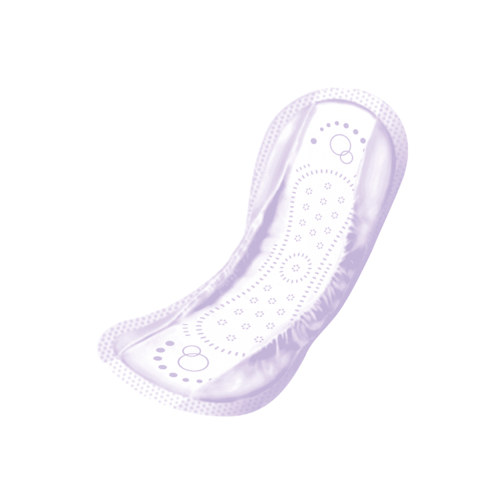 The Seni Lady Slim Mini PLUS pad from TZMO Deutschland GmbH is a white, curved incontinence pad with a violet design and Odour Stop technology for freshness. Pictured: a 20-pack on a plain white background.