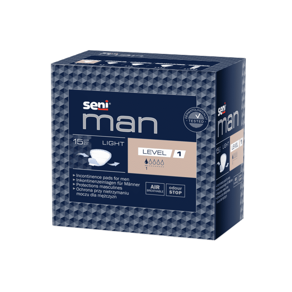 A pack of 15 Seni Man Normal Level 1 incontinence pads from TZMO Deutschland GmbH, with air circulation and odor stop symbols in blue/beige design.