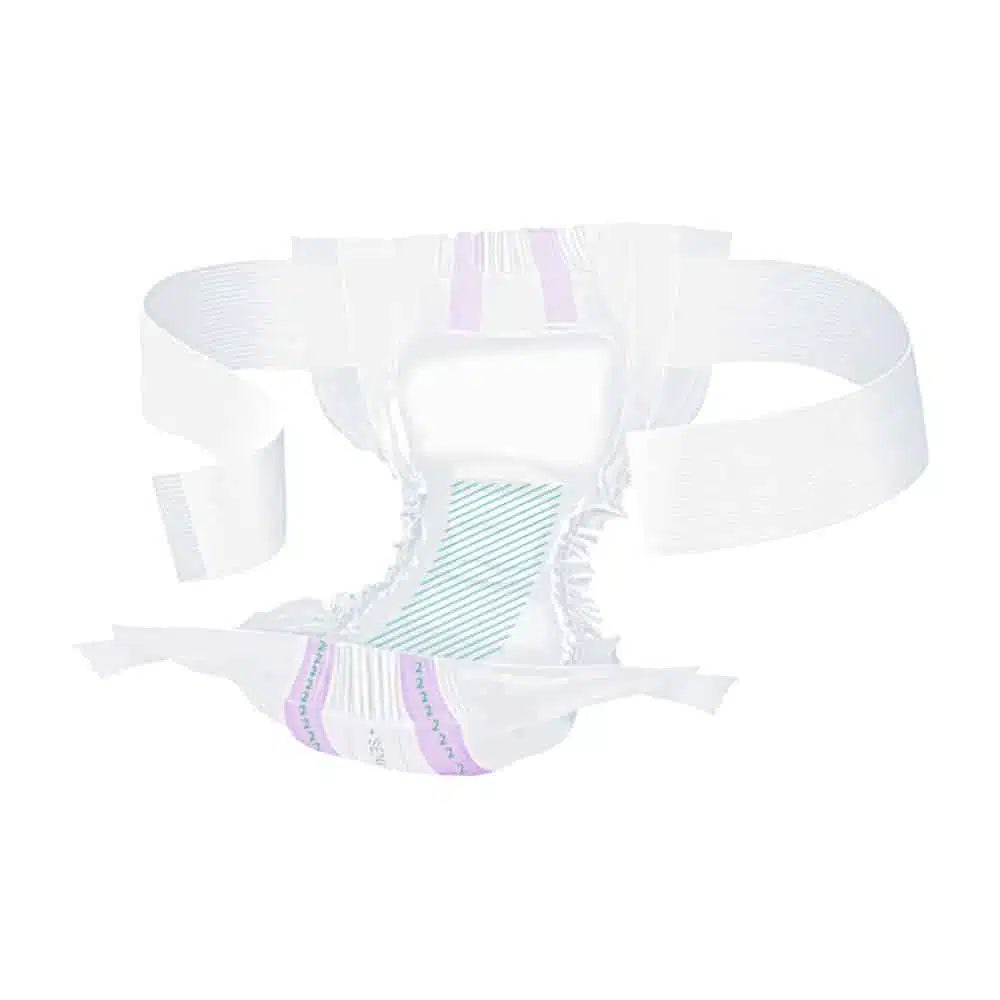 The Seni Optima Plus incontinence pads with waistband from TZMO Deutschland GmbH feature a white absorbent pad, elastic waistbands, and adhesive strips for fastening, isolated on a solid background.