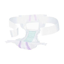 The Seni Optima Plus incontinence pads with waistband from TZMO Deutschland GmbH feature a white absorbent pad, elastic waistbands, and adhesive strips for fastening, isolated on a solid background.