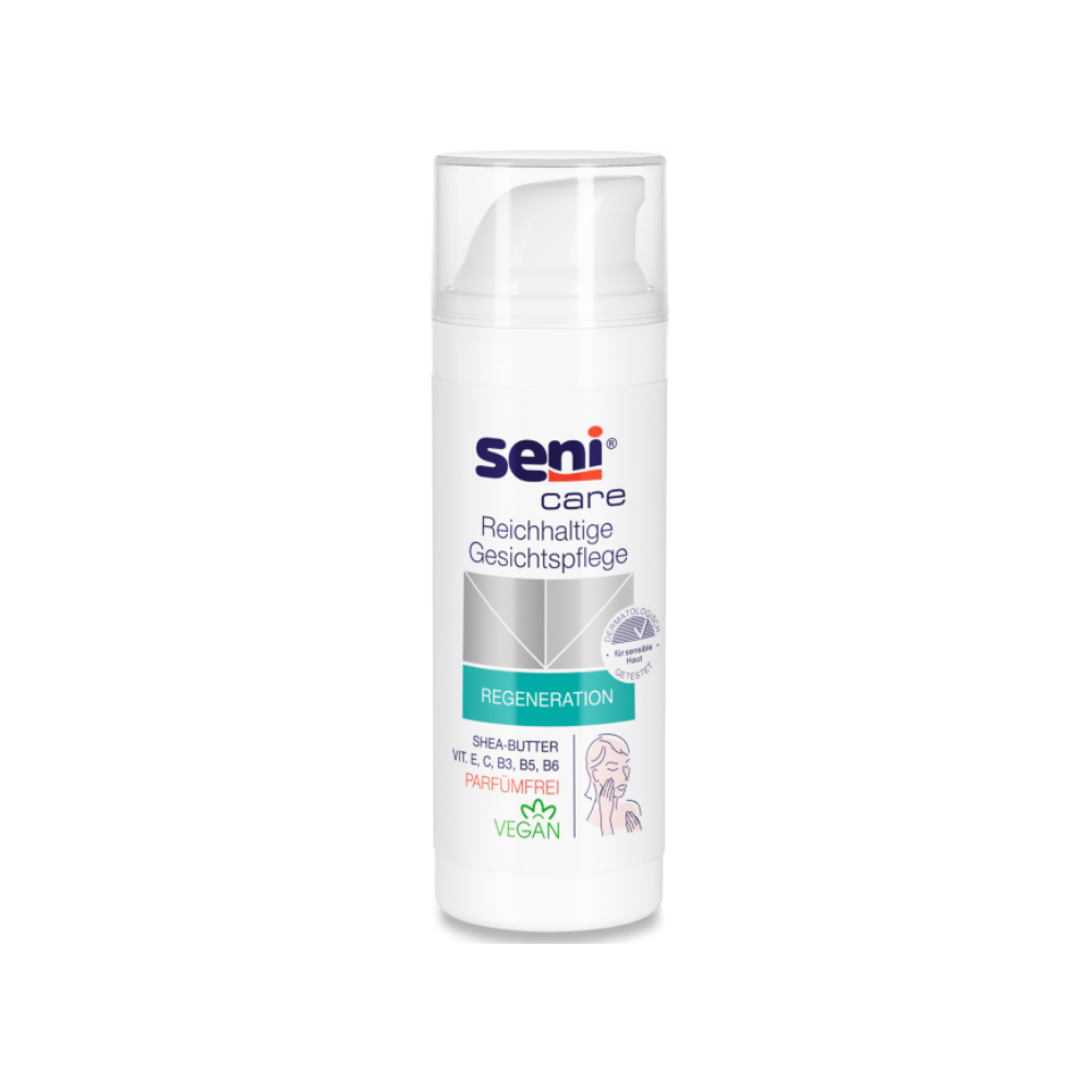 The Seni Care Rich Facial Care by TZMO Deutschland GmbH is a 50 ml face cream, ideal for sensitive skin, enriched with shea butter and vitamins E, C, B3, B5, B6 for extra moisture. The vegan formula comes in a white bottle with blue-green and violet accents.