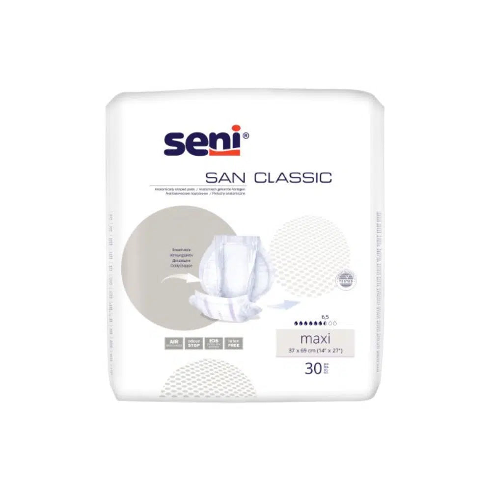 San Seni Classic Maxi incontinence pad by TZMO Deutschland GmbH – pack of 30 pieces for bladder weakness, with secure leak protection. Product details and logo on white packaging.