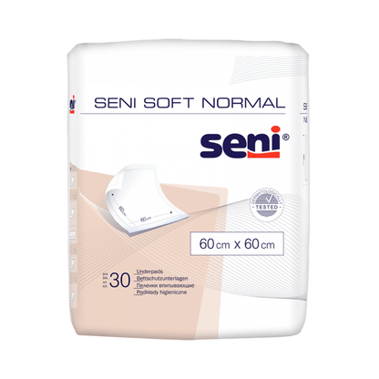 A pack of 30 Seni Soft Normal bed protection pads (60 x 60 cm) from TZMO Deutschland GmbH is delivered in a white package with blue and orange text and an underpad illustration, providing reliable protection.