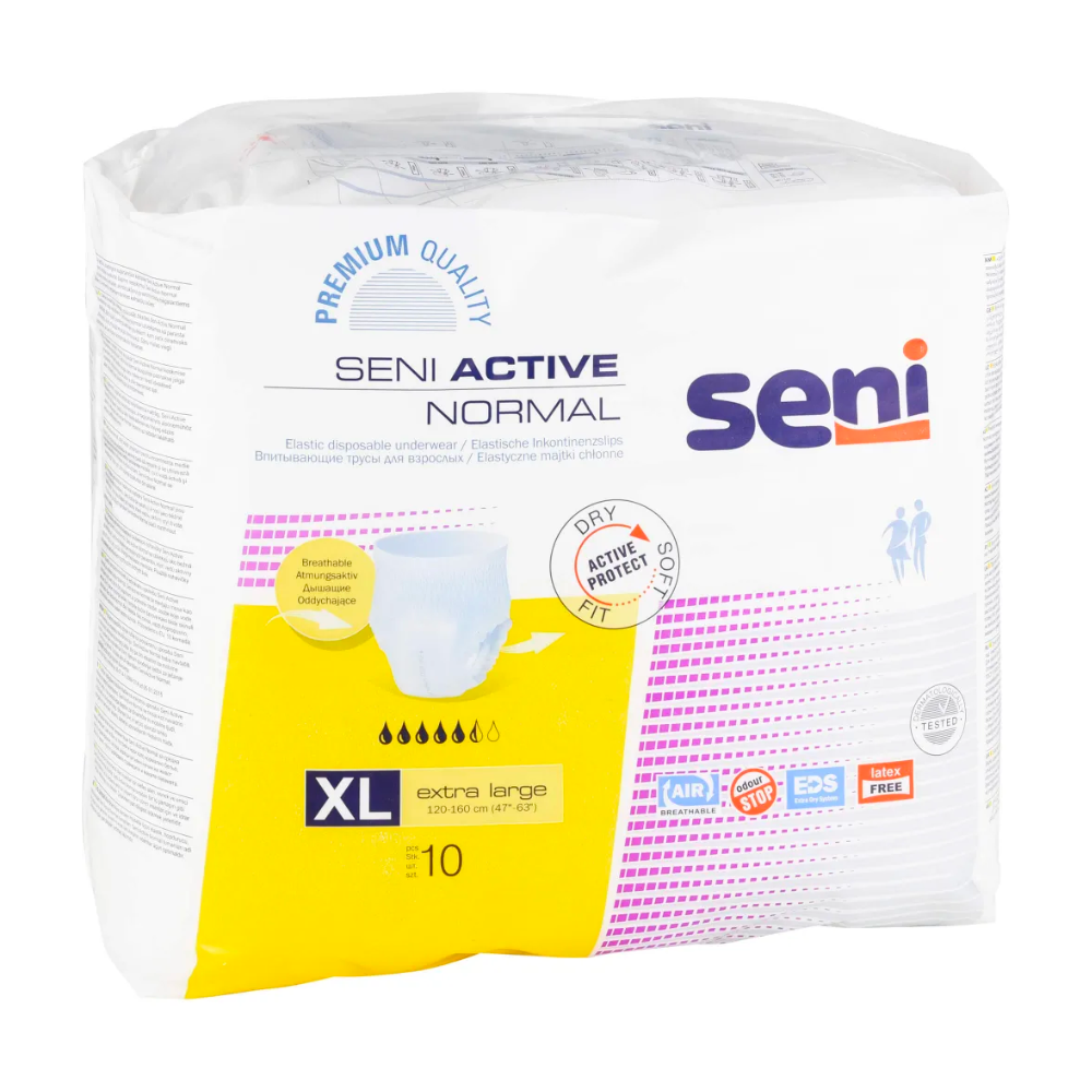 Eine 10er-Packung Seni Active Normal Inkontinenzpants der TZMO Deutschland GmbH in der Größe XL bei Blasenschwäche. Die überwiegend weiße Packung ist mit gelben Akzenten, Airflow- und Auslaufschutz-Symbolen sowie einem praktischen Nässeindikator versehen.