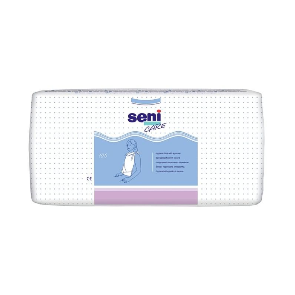 A white, rectangular package (100 pieces) of discontinued item: Seni Care disposable bibs, foiled, with tie straps and catch pocket by TZMO Deutschland GmbH is provided with a blue label and small blue dots for protection while eating.