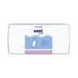 A white, rectangular package (100 pieces) of discontinued item: Seni Care disposable bibs, foiled, with tie straps and catch pocket by TZMO Deutschland GmbH is provided with a blue label and small blue dots for protection while eating.