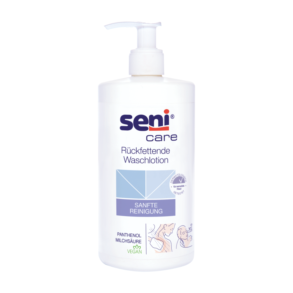 The Seni Care Replenishing Wash Lotion from TZMO Deutschland GmbH is a 500 ml white pump bottle with blue-violet lettering that highlights its gentle, moisturizing cleansing. It features a vegan formulation, a more skin-friendly pH value, and images of a person washing themselves.