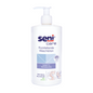 The Seni Care Replenishing Wash Lotion from TZMO Deutschland GmbH is a 500 ml white pump bottle with blue-violet lettering that highlights its gentle, moisturizing cleansing. It features a vegan formulation, a more skin-friendly pH value, and images of a person washing themselves.