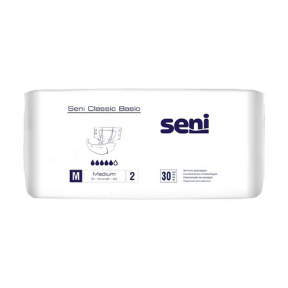 A white pack labeled "Seni Classic Basic Incontinence Pants, Size S-XL" from TZMO Deutschland GmbH features the Seni logo, a size symbol, absorbency information, a breathable outer layer, and indicates that 30 pieces are included for bladder weakness.