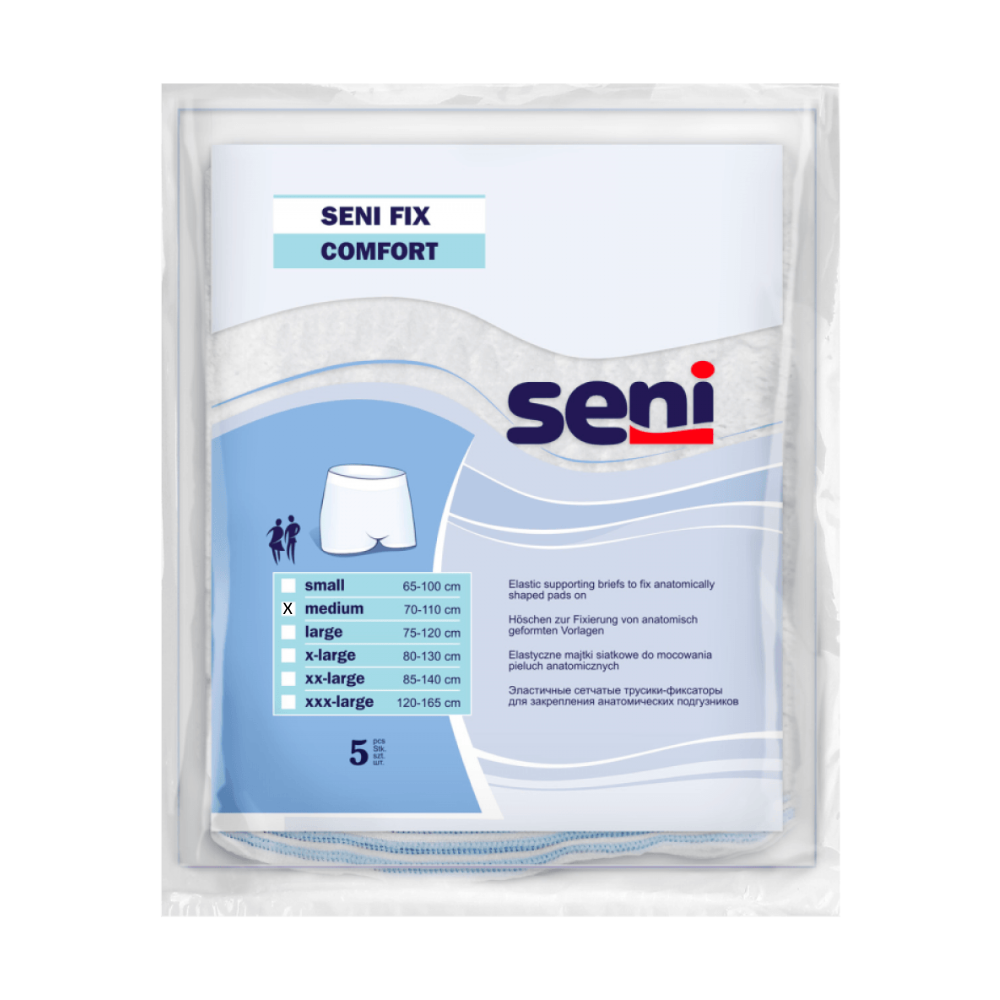Seni Fix Comfort elastische Fixierhöschen von TZMO Deutschland GmbH sind in den Größen Small bis XL in Zentimetern erhältlich. Die Verpackung mit mehrsprachigem Text enthält 5 Stück für eine internationale Anziehungskraft.