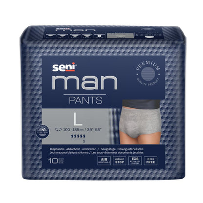 A pack of Seni Man Pants absorbent underwear for men by TZMO Deutschland GmbH, high-quality adult diapers for incontinence in large size, with a gray waistband and a diagram showing the fit on a mannequin. Contains 10