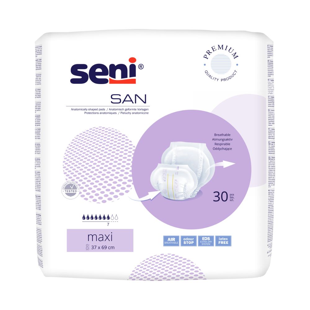 A pack of Seni San Maxi incontinence pads adult diapers, designed for bladder weakness, contains 30 breathable and latex-free diapers with the features "Air Comfort" and "Odor Stop". (Brand name: TZMO Deutschland GmbH)