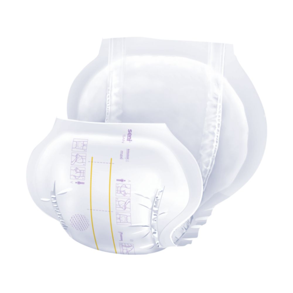 Description: Illustration of a white, disposable Seni San Maxi incontinence pad for adults by TZMO Deutschland GmbH, showing the layered structure and absorbent zones.