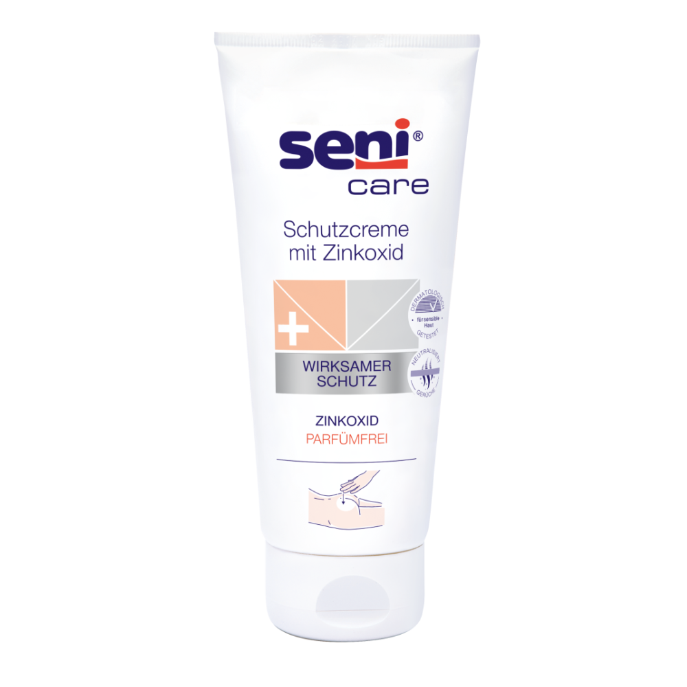 A white tube from TZMO Deutschland GmbH with the inscription "Seni Protective Cream with Zinc Oxide" scores with properties such as effective protective action, zinc oxide content, and a fragrance-free formula, making it ideal for skincare.