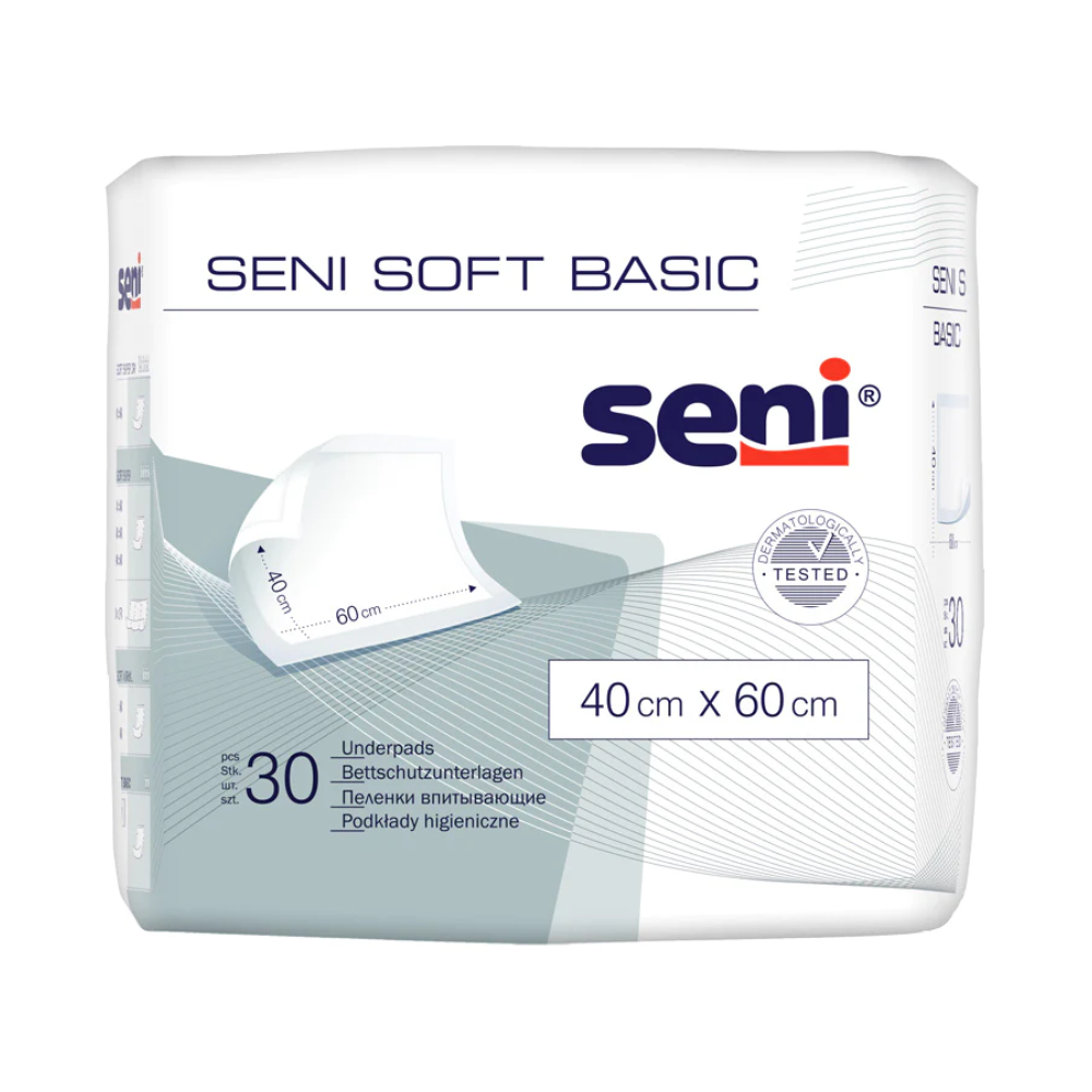 A 30-pack of Seni Soft Basic bed protection pads (various sizes) from TZMO Deutschland GmbH in a white bag with blue-gray accents offers reliable protection. The Seni logo and product information are clearly visible.