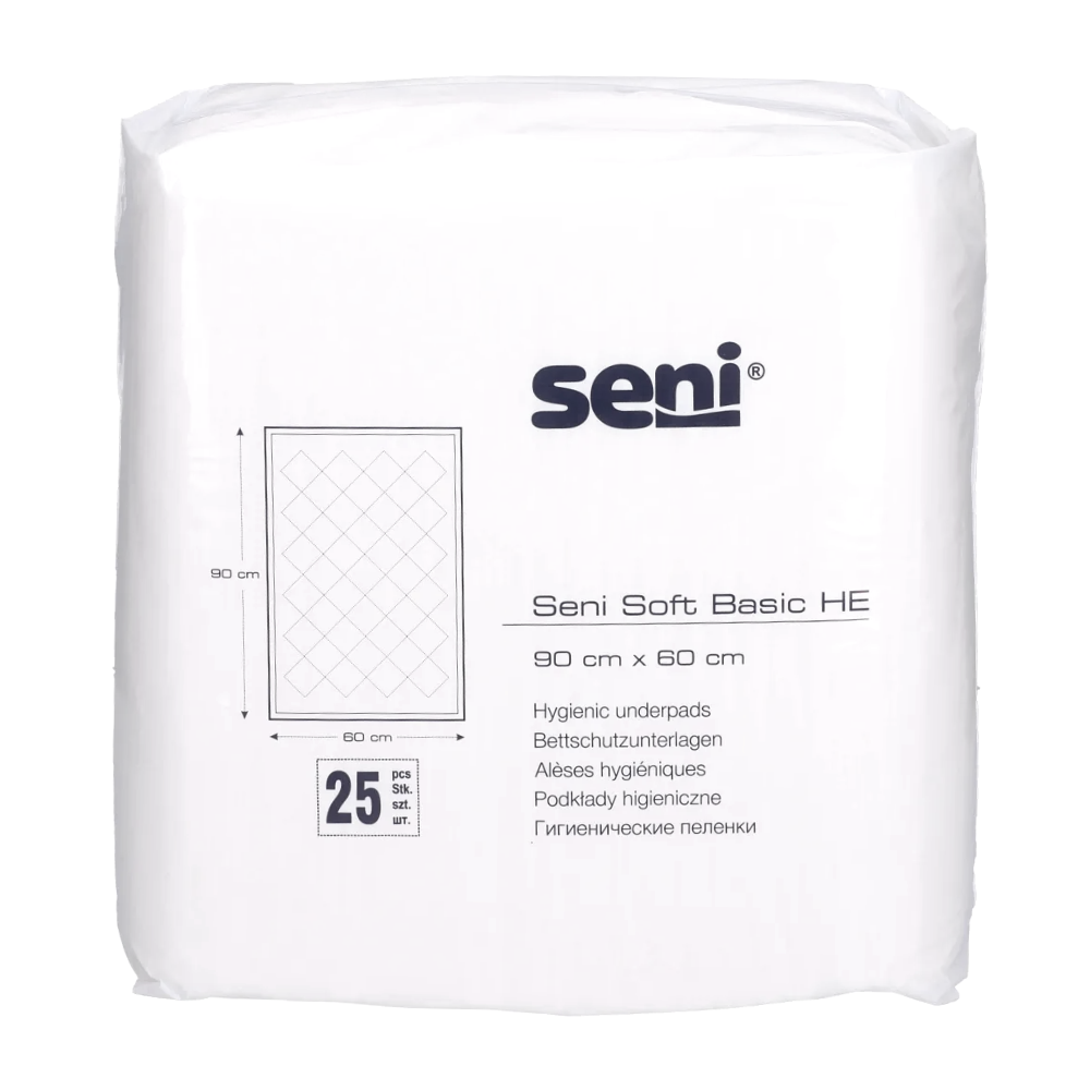 A pack of 25 Seni Soft Basic HE bed protection pads from TZMO Deutschland GmbH, size 90 x 60 cm; the packaging features the Seni logo, the pad size, the product image, and the quantity.