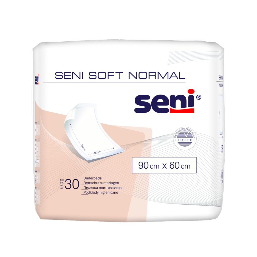 A pack of Seni Soft Normal bed protection pads (TZMO Deutschland GmbH), 90 x 60 cm, contains 30 pads. The packaging features a simple underpad graphic and highlights reliable protection. Various sizes available.
