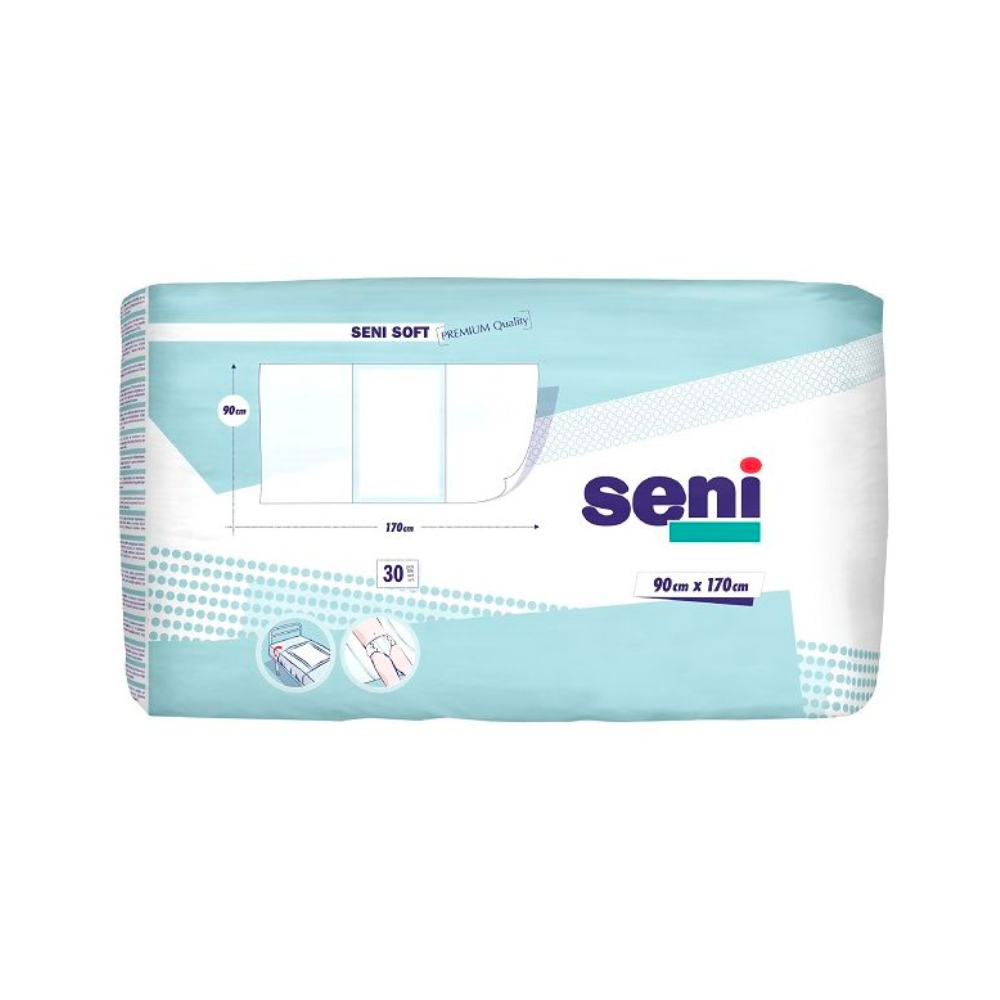 A rectangular pack of Seni Soft Super bed protection pads from TZMO Deutschland GmbH, available in various sizes. The blue-white packaging displays product information and usage examples. The pack contains 30 pieces in the format 90 x 170 cm.