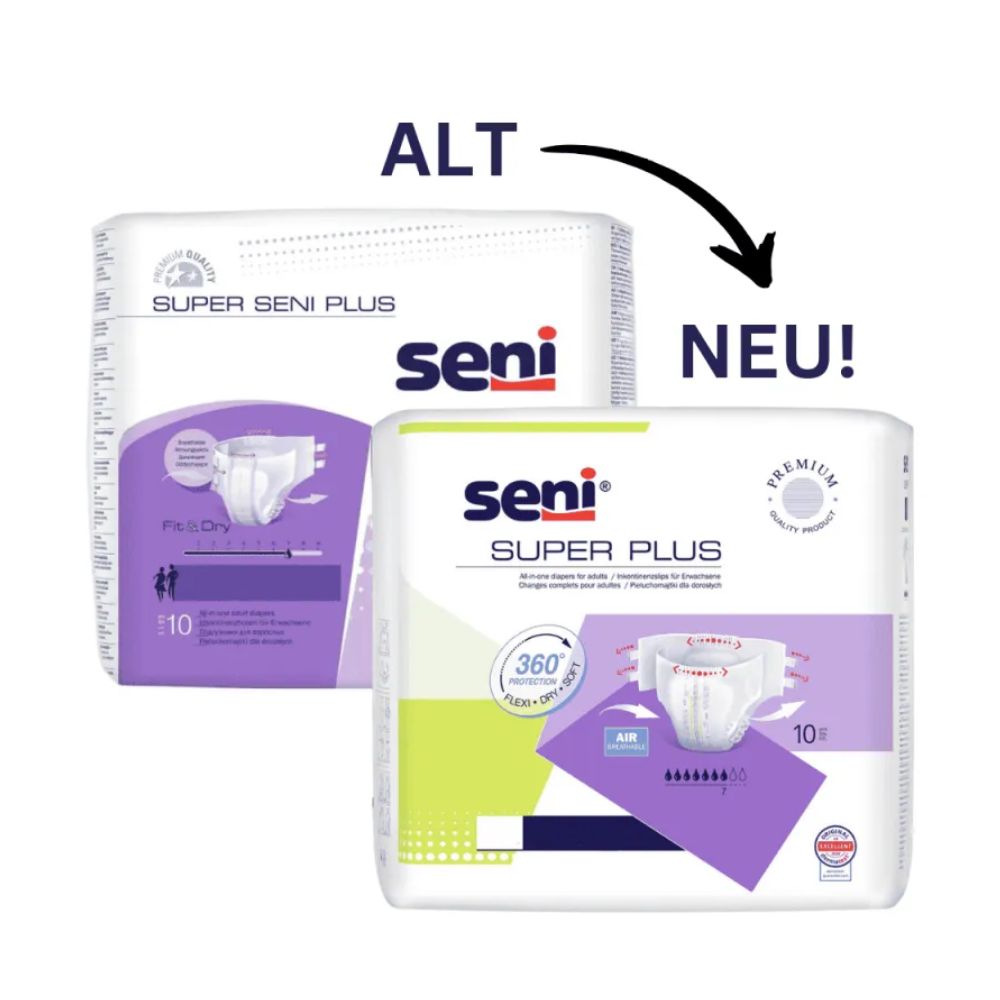 Pictured are two packs of Seni diapers: The left one is “Super Seni Plus” with a purple design and the label “OLD,” while the right one, labeled “NEW!,” has been updated as “Seni Super Plus breathable incontinence pants” from TZMO Deutschland GmbH and features a double adhesive velcro closure and advanced superabsorbent technology.