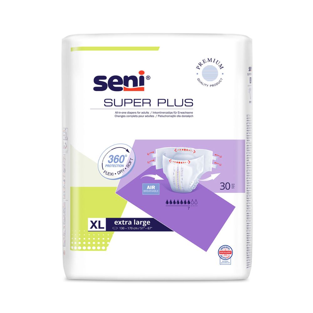 The Seni Super Plus breathable incontinence pants from TZMO Deutschland GmbH in size XL with 360° protection are delivered in a pack of 30. The packaging features a product diagram, a quality seal, and purple and green accents for reliability.