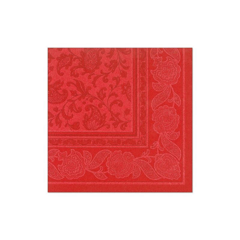 Die Servietten 1/4-Falz „Ornaments“ der PAPSTAR GmbH „ROYAL Collection“ im Format 40 cm x 40 cm sind eine rote Serviette, die mit einem eleganten Blumen- und Rankenmotiv und einem Rand aus aufwendigen Mustern verziert ist. Sie weist eine leicht geprägte Struktur auf und passt perfekt zu einem eleganten Tischgedeck auf weißem Hintergrund.