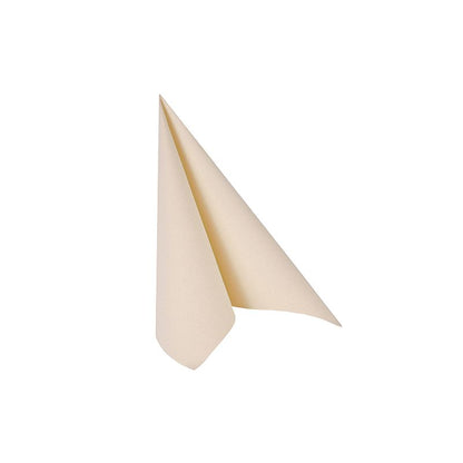 A single folded napkin from the "ROYAL Collection" by PAPSTAR GmbH shows a cream-colored, triangular tent shape that adds elegance to the minimally set table against a simple white background.