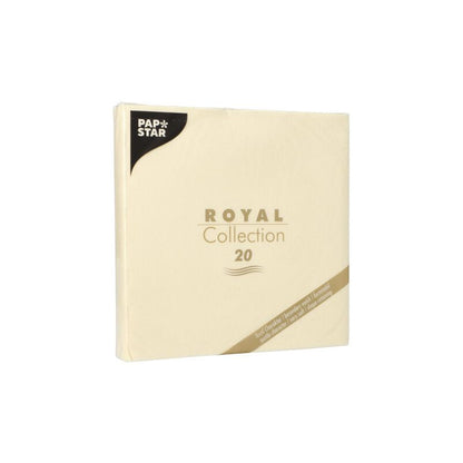 PAPSTAR napkin package "ROYAL Collection" by PAPSTAR GmbH, consisting of 20 napkins in exquisite design. The cream-colored packaging with gold and black text adds an elegant touch to any set table.