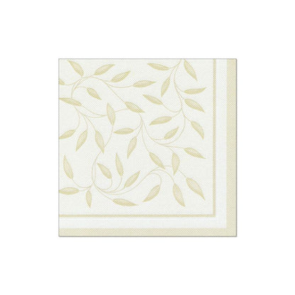 The PAPSTAR napkins "ROYAL Collection" from PAPSTAR GmbH in the format 40 cm x 40 cm with 1/4 fold feature a light green border with delicate beige leaves and tendrils on a cream-colored background, perfectly complementing your table decoration.
