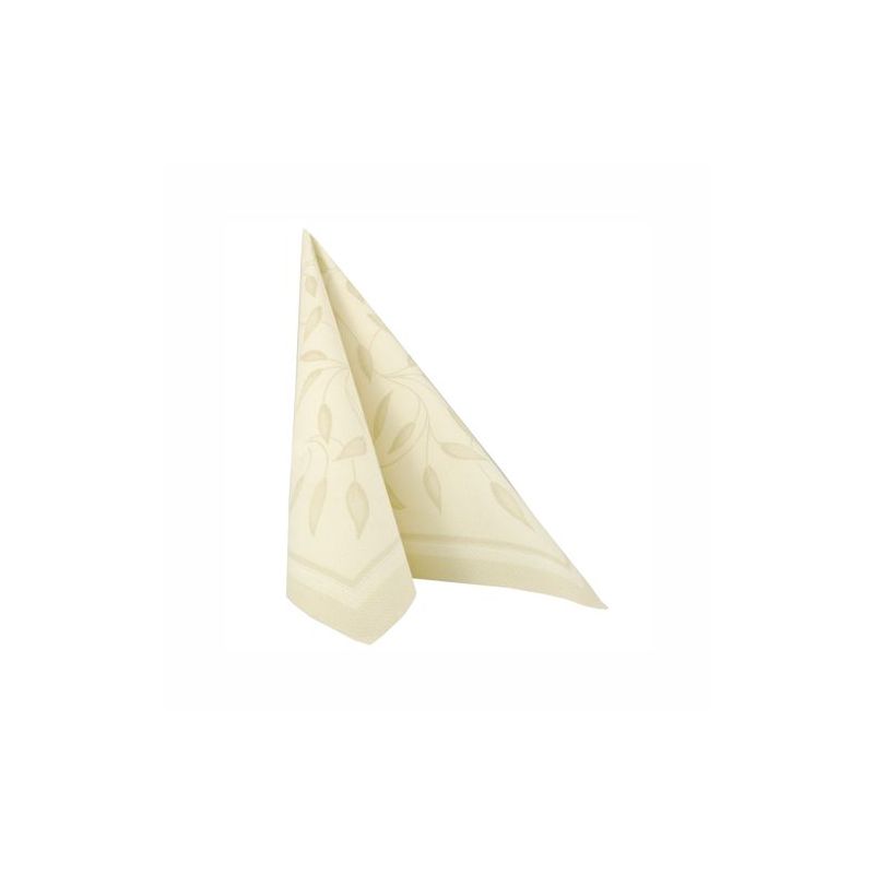 A folded, triangular cream-white napkin from the PAPSTAR "ROYAL Collection" with a subtle leaf pattern enhances any table decoration.