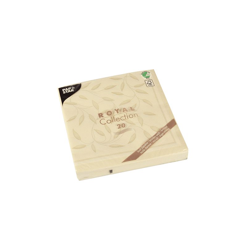 A beige square package of PAPSTAR napkins 1/4-fold "ROYAL Collection" in the format 40 cm x 40 cm features an embossed leaf design. The package includes a dark star as a symbol of quality and a green marking in the corner as a hint of environmental friendliness. It is perfectly suited to add elegance to your table decoration.