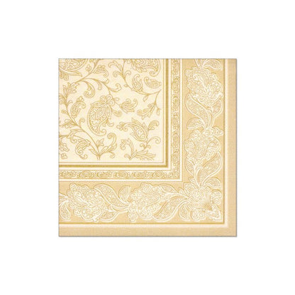 The napkins of the PAPSTAR GmbH "ROYAL Collection" in the format 40 cm x 40 cm with 1/4-fold are square paper napkins with an elaborate golden floral and paisley pattern on a cream-colored background. Perfect for table decoration, the border shows a dense, decorative pattern that beautifully complements the central design.